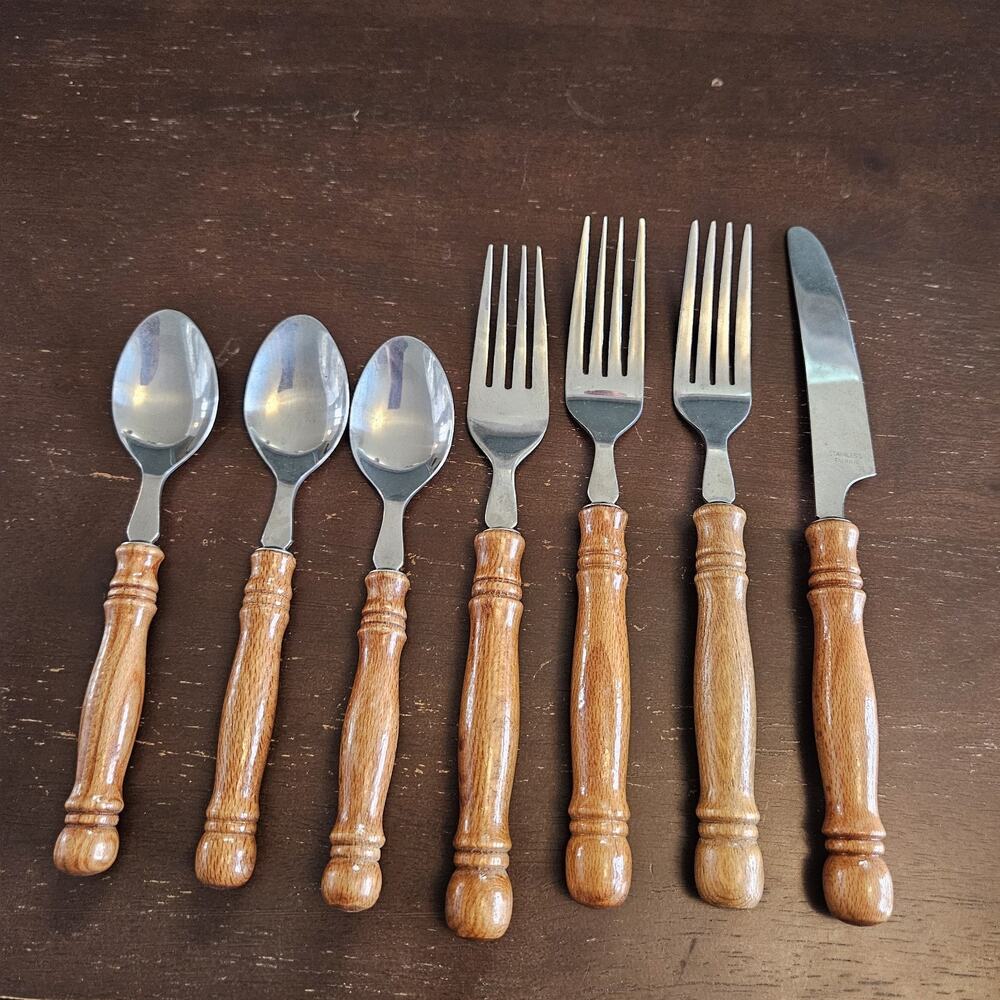 Vintage Bamboo Style Wooden Handle Stainless Flatware 7 Pieces Set Taiwan